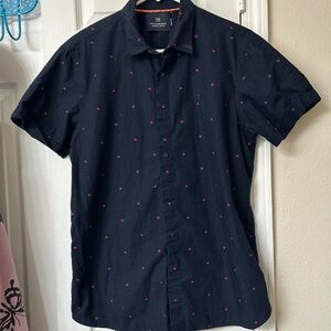 Scotch & Soda Navy Short-Sleeve Button-Down Shirt with Pink Micro Hearts